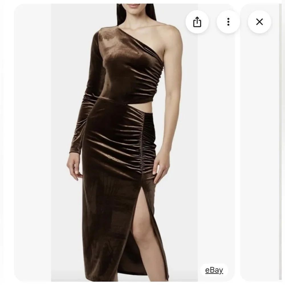 The Drop Women's Lia One-Shoulder Cutout Velvet Midi Dress COFFEE Size XS NWT